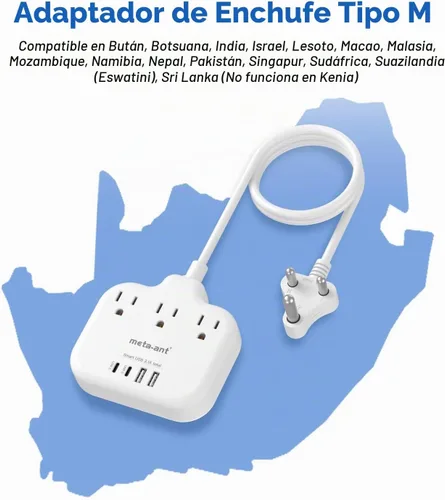 Vista 2 de Adaptador de Enchufe de Sudáfrica, Adaptador Tipo M para Sudáfrica con 3 Tomas de CA y 4 Puertos USB (2 USB C) 15.5W, Cable de Extensión de 3FT