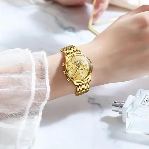 Vista 8 de OLEVS Reloj multifuncional de dos tonos para mujer, reloj analógico de cuarzo para mujer, de acero inoxidable, resistente al agua, con diamantes