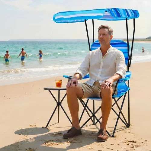 Vista 8 de Paquete de 2 sillas de playa con toldo, sillas plegables de camping con toldo, silla de césped portátil resistente a la intemperie con soporte