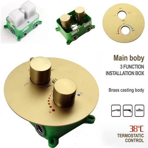 Vista 5 de Cabezal de ducha de lluvia de techo LED redondo de oro cepillado de 10 pulgadas, DULABRAHE termostático para baño, sistema de ducha de lluvia de Oro
