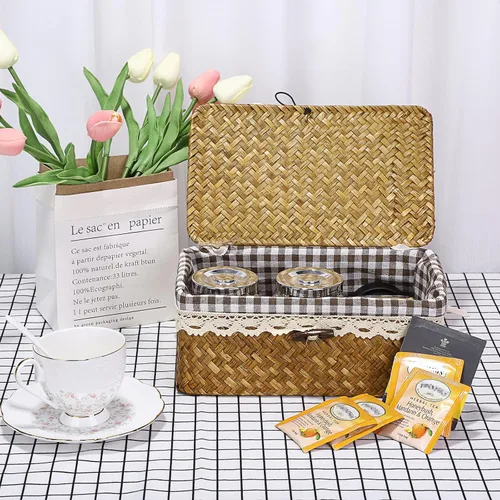 Vista 4 de Hipiwe Cesta de Mimbre Tejida con Forro Removible de Seagrass Natural, Cesta de Almacenamiento Multiusos con Tapa para Organizar para Baño, Armario