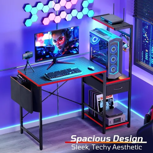 Vista 6 de Bestier Escritorio para juegos con cajón, escritorio pequeño para computadora de 44 pulgadas con estante de PC, mesa de juegos con luces LED