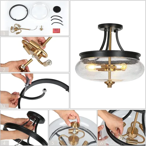 Vista 8 de classy leaves Lámpara de techo semiempotrada, color negro y dorado, lámpara de techo de 3 luces moderna de granja con vidrio sembrado para cocina
