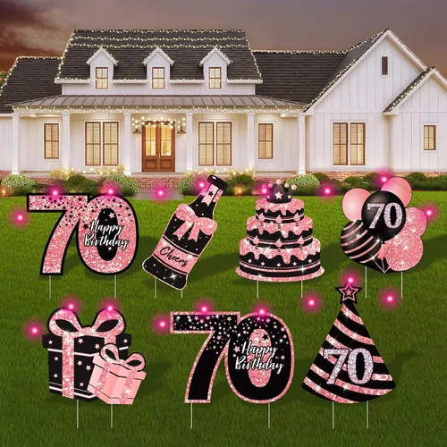 Vista 8 de Decoraciones de cumpleaños número 13 para niñas - 7 piezas de letreros de cumpleaños rosas para el patio con estacas, 2 piezas de luces LED Rosa 13