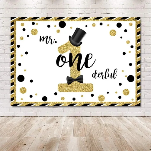 Vista 6 de MEHOFOND Mr Onederful - Fondo de cabina de estudio fotográfico negro y dorado con purpurina dorada, sombrero negro, pajarita para decoración