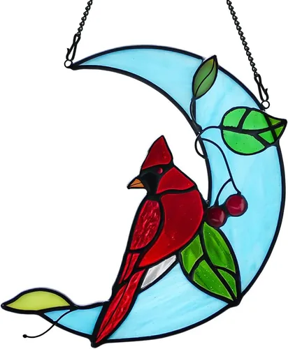 Vista 12 de Adorno de cardenal rojo de vitral colgante para ventana, adornos de pájaros atrapasueños para ventana, regalos de cardenal para abuela, mamá, regalo