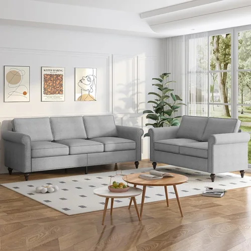 Vista 11 de PUREMIND Juego de sofá de 2 piezas para muebles de sala de estar, juego de sofá y silla de oficina moderno de lino con patas de madera maciza, sofá