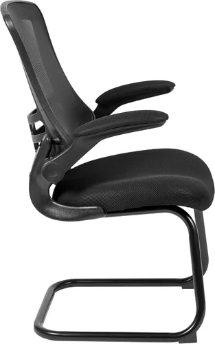 Vista 6 de BizChair Silla de recepción lateral con base de trineo de malla negra con brazos abatibles-sala de espera de oficina