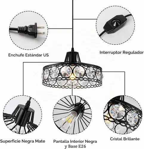 Vista 2 de Lámpara Colgante de Cristal Enchufable Negra Candelabro de Metal Industrial Luz Swag con Cable de 15 Pies e Interruptor de Encendido/Apagado
