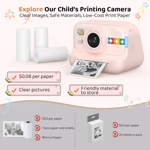 Vista 7 de Cámara de impresión instantánea para niños, regalos de cumpleaños para niñas y niños de 3 a 12 años, cámara de video 1080P para niños, ideas