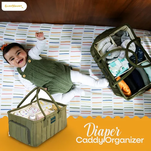 Vista 2 de Organizador de pañales grande con asa neutral para niño y niña, cesta de bebé para guardería, automóvil, cambiador, almacenamiento portátil