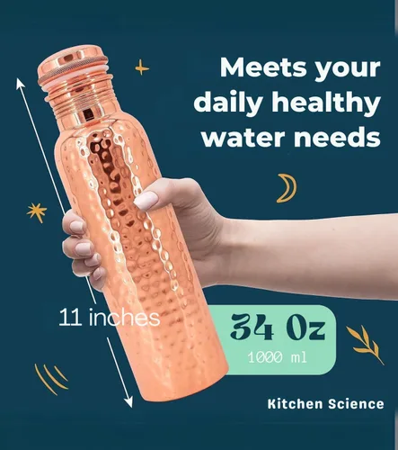Vista 2 de Kitchen Science Auténtica botella de agua de cobre de 34 onzas / 33.8 fl oz con correa de cuero, a prueba de fugas, probada en laboratorio, botella