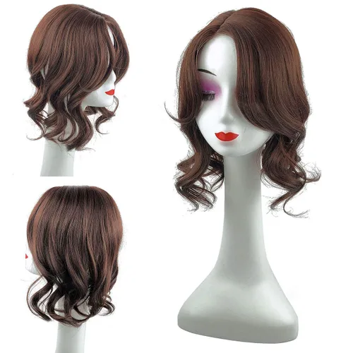 Vista 7 de Peluca de cabello ondulado natural de 14 pulgadas, parte media de 3.9x5.1 in, con clip, estilo francés, color marrón rojizo oscuro