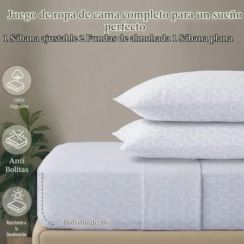 Vista 3 de Threadmill - Juego de sábanas de algodón de lujo de 500 hilos, tamaño King de 4 piezas, jacquard Floria Hotel blanco, sábanas suaves y sedosas