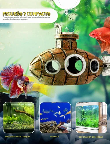 Vista 3 de Decoración Flotante para Tanque de Peces, Pequeño y Lindo Acuario Retro de Submarino con Dos Bolas Flotantes, Accesorio de Tanque de Peces