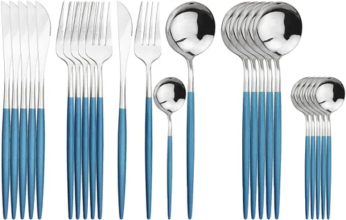 Vista 23 de Juego de cubiertos negros de acero inoxidable de 24 piezas, servicio para 6, vajilla pulida con espejo, cuchillo tenedor y cuchara para el hogar