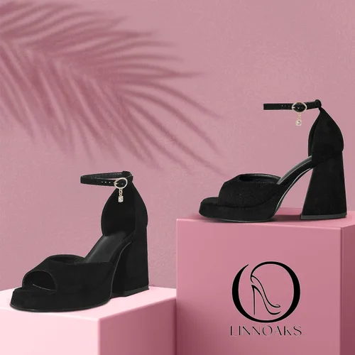 Vista 6 de Tacones de plataforma negros para mujer, punta abierta redonda, tacones altos gruesos, zapatos de tacón alto con diamantes de imitación, zapatos