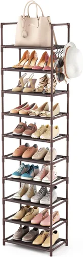 Vista 11 de LANTEFUL - Organizador de zapatos de 5 niveles, 12-15 pares, organizador de botas, estante resistente y estrecho para entrada, armarios con ganchos