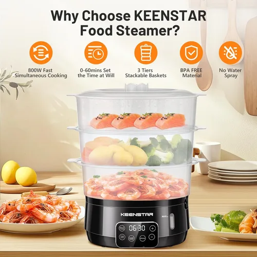 Vista 3 de Vaporizador Eléctrico de 13.7QT para Cocinar, Vaporizador de Vegetales con 3 Niveles Libres de BPA, Vaporizador Digital con Programa, 800W de Cocina