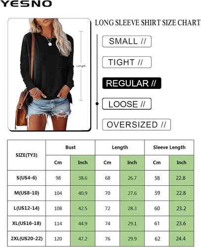 Vista 4 de YESNO Camisas casuales de manga larga para mujer, cuello redondo, color liso, sudaderas con bolsillo TY2