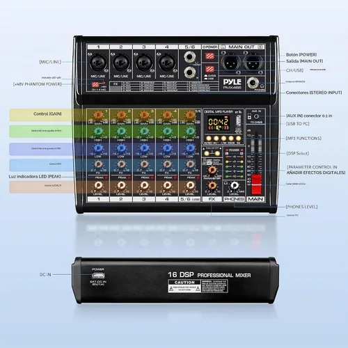 Vista 2 de Mezclador de audio Bluetooth profesional Pyle DJ - Mezclador de sonido con controlador DJ de 6 canales con DSP, 16 efectos preestablecidos, interfaz