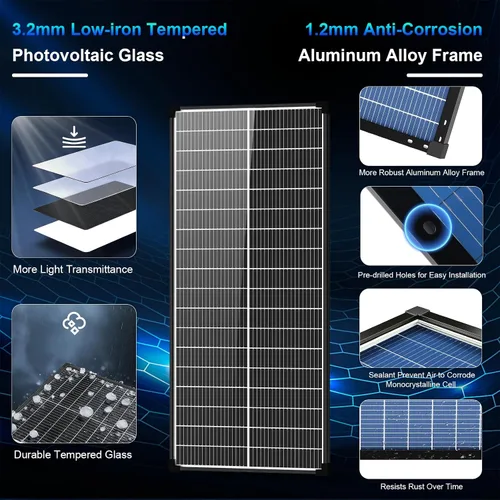 Vista 7 de Panel solar bifacial de 100 W, tipo N 12 V, 18 BB, 25 % de alta eficiencia A+ de celda monocristalina IP68, panel solar impermeable para caravana