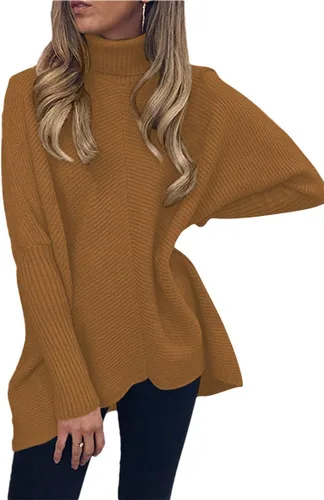 Vista 3 de Caracilia Suéter de manga larga con cuello alto para mujer, dobladillo irregular, informal, suéter de punto