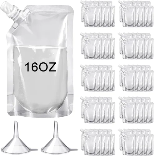 Vista 12 de Meanplan 100 bolsas de plástico reutilizables a granel, bolsas de plástico transparente a prueba de fugas para jugos con embudo para suministros