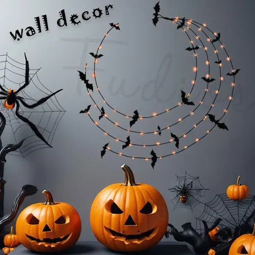 Vista 7 de Fudios Guirnalda de Halloween iluminada para decoración de pared, guirnalda de luces negras con temporizador, naranja o blanco cálido, 80 LED de 6