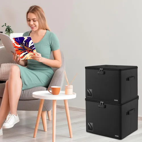 Vista 6 de Almacenamiento de cómics, caja apilable ignífuga y resistente al agua con bolsillo de malla con cremallera y ventana de etiquetas para 300-350 cómics