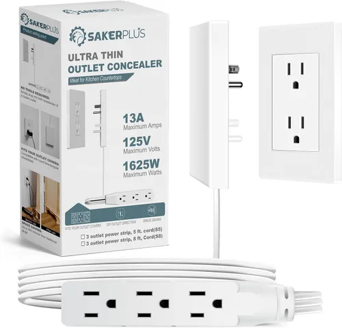 Vista 6 de SakerPlus Regleta de Enchufe Oculto Cable de Extensión Plano de 5 Pies Cable de Extensión de Cubierta de Enchufe Ultradelgado con 3