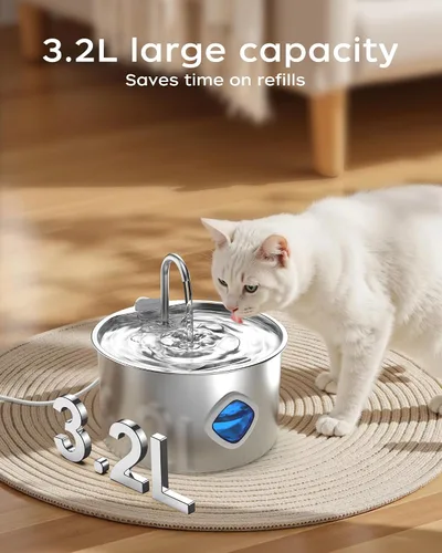 Vista 3 de Fuente de agua para gatos de acero inoxidable – 108 onzas/3.2 L, dispensador de agua para perros, dispensador automático silencioso para gatos
