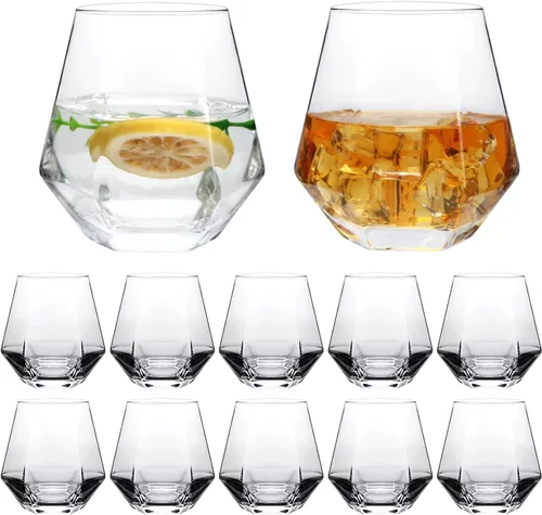 Vista 11 de Juego de 4 copas de vino, sin tallo, transparentes de 10 onzas, copas de vidrio geométricas con forma de diamante, hermosas copas de vino sin tallo