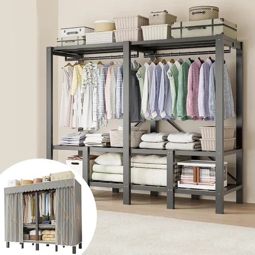 Vista 12 de Armario portátil resistente de 49.2 pulgadas con cubierta, sistema de armario ropero de metal cubierto plegable de 1200 libras para ropa, perchero