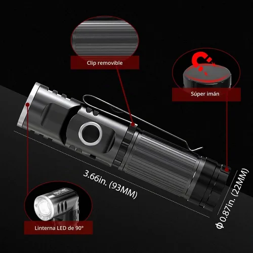 Vista 6 de HAUTMEC Linternas LED recargables de 500 lúmenes altos, linterna magnética súper brillante, mini linterna impermeable, 3 modos, linternas pequeñas