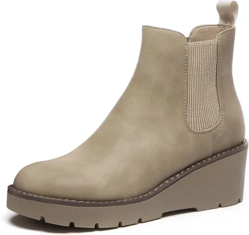 Vista 12 de Athlefit - Botas Chelsea con plataforma de cuña para mujer, suela de lengüeta, elásticas, con plataforma, tacón de cuña, botas al tobillo Negro