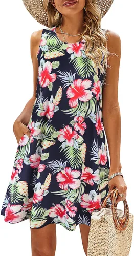 Vista 72 de SimpleFun - Vestidos de verano para mujer, camiseta floral, vestido de playa de estilo bohemio, informal, con bolsillos y sin mangas