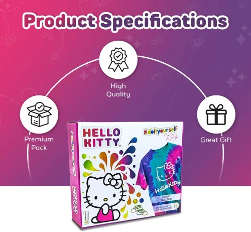Vista 5 de Hello Kitty - Juego de teñido anudado - El juego incluye con una camiseta, 3 pinturas de colores, forro, guantes y bandas elásticas, paquete de 1