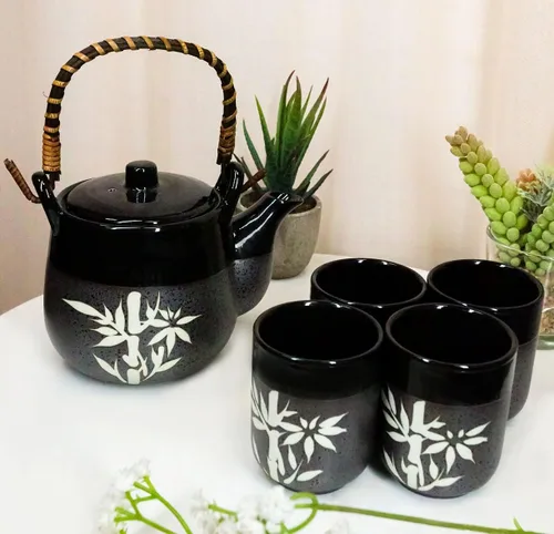 Vista 6 de Ebros - Juego de tetera de porcelana japonesa de bambú de la suerte negra y carbón, 20 onzas, sirve para 4 invitados con mango de madera de bambú
