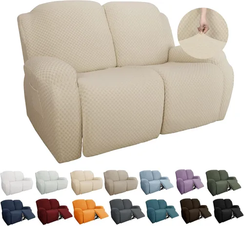 Vista 29 de YEMYHOM Funda elástica de 4 piezas para silla reclinable de jacquard con bolsillo lateral, antideslizante, ajustable, protector de muebles con parte