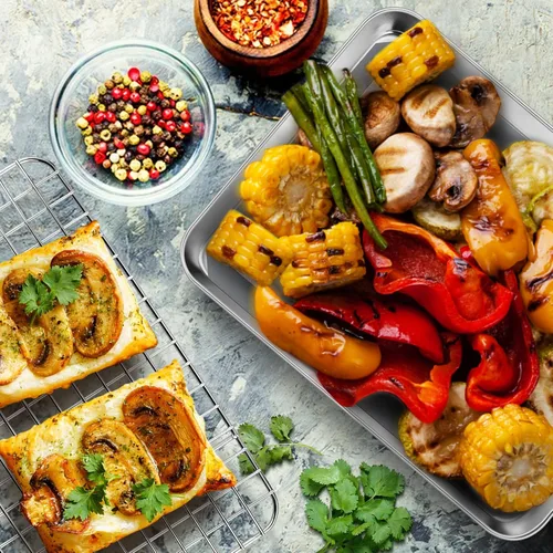 Vista 5 de P&P CHEF Bandeja para horno tostador de 9 x 7 x 1 pulgadas con rejilla y alfombrilla de silicona, bandeja para horno tostador de acero inoxidable