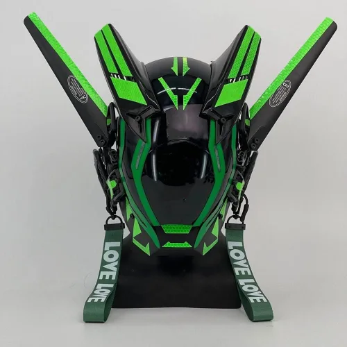 Vista 3 de LIGUOGUO Máscara verde Cyberpunk para hombre, con luz LED, futurista, máscara de cosplay de cara completa, para fiesta de máscaras, Halloween