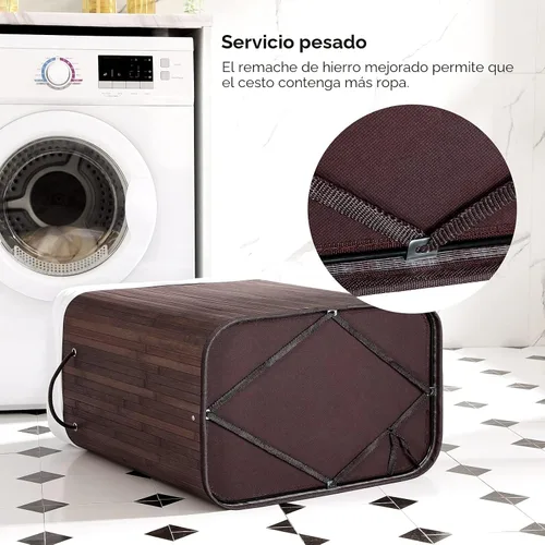 Vista 7 de SONGMICS Cesta de lavandería con tapa, cesta de lavandería de bambú con asas, cesta de almacenamiento plegable para lavandería, dormitorio, 100