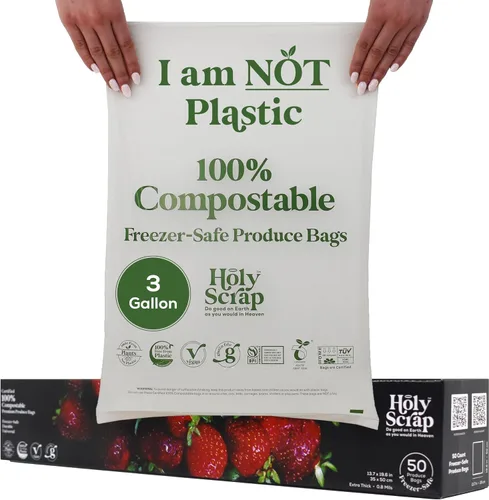 Vista 8 de Bolsas de almacenamiento de alimentos 100% compostables, tamaño de 1 galón, paquete de 25 unidades, bolsas resellables con cierre extra resistentes