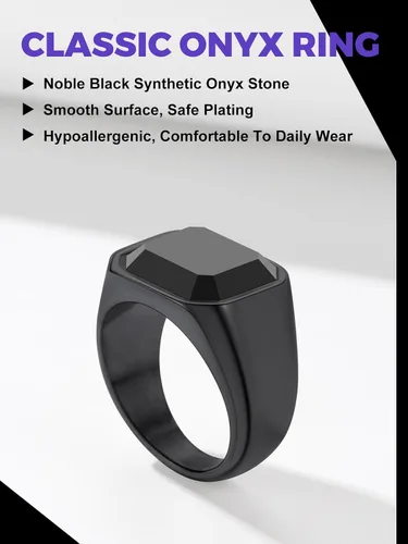 Vista 3 de Richsteel Anillo de ónix negro, anillo de acero inoxidable, chapado en oro, anillo de sello para el pulgar para hombres y mujeres, regalo de joyería
