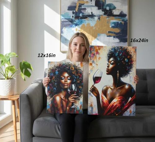 Vista 5 de 3 piezas de arte de pared en lienzo de mujeres afroamericanas, coloridas grafitis, chica afro con vino, pintura moderna, abstracta, estética
