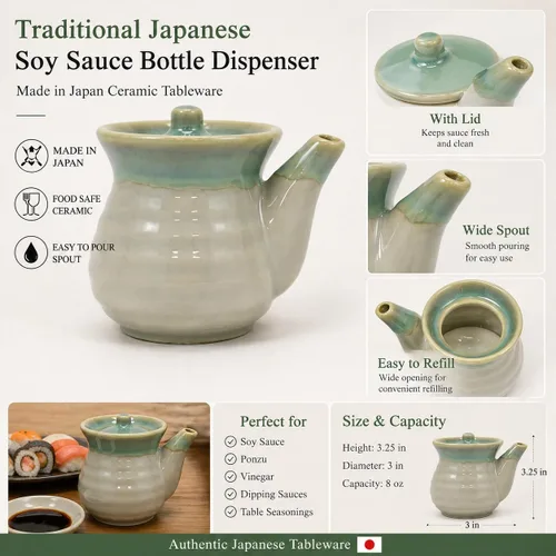 Vista 2 de Dispensador de botellas de salsa de soja japonesa, 1 paquete, olla de cerámica Shoyu con tapa, servidor de salsa de soja tradicional estilo Tenmoku