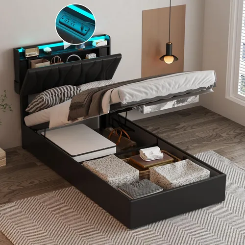 Vista 15 de Fameill - Base de cama tamaño matrimonial con plataforma de almacenamiento abatible, cabecero con altura ajustable y estación de carga, cama