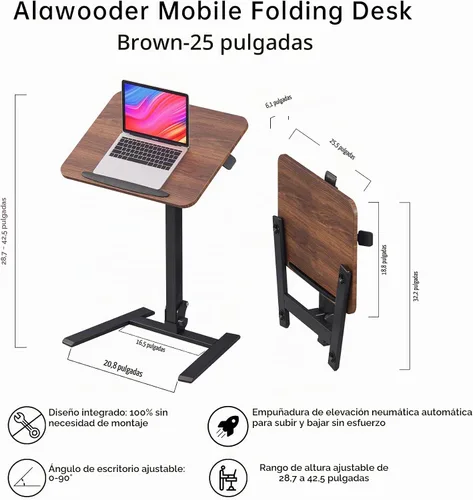 Vista 3 de alawooder 25" Mobile Folding Desk: Pneumatic Sit-Stand, No Assembly Escritorio para portátil con ruedas ajustables de 29 a 42 pulgadas, ruedas Marrón