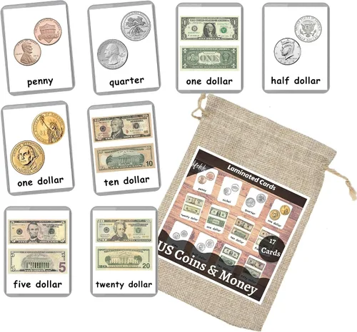 Vista 3 de Generic Tarjetas flash de dinero 17 tarjetas Montessori Tarjetas flash de monedas y billetes estadounidenses Aprendizaje de preescolar